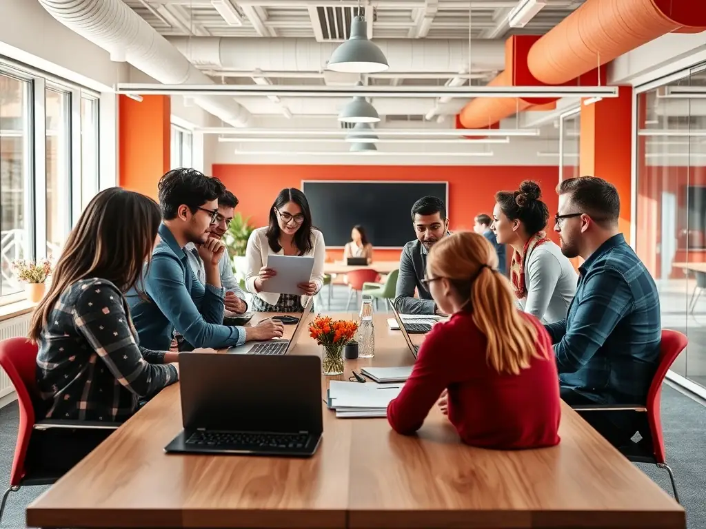 A diverse group of GRANDEE team members collaborating on a project in a modern office setting, symbolizing teamwork and innovation.