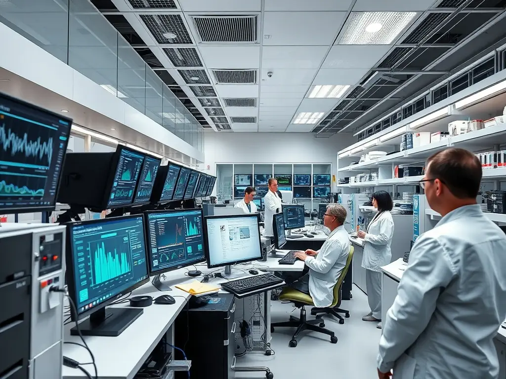 Researchers in a GRANDEE strategic lab are analyzing data on large monitors, with charts and graphs illustrating key findings. The setting is a high-tech research environment, emphasizing GRANDEE's dedication to data-driven solutions.