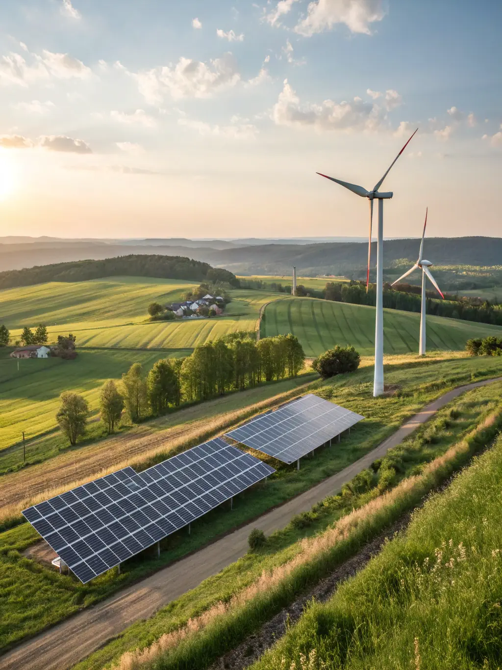 A vibrant image showcasing renewable energy technologies in a rural setting, symbolizing the hub's commitment to climate solutions and resource equity.
