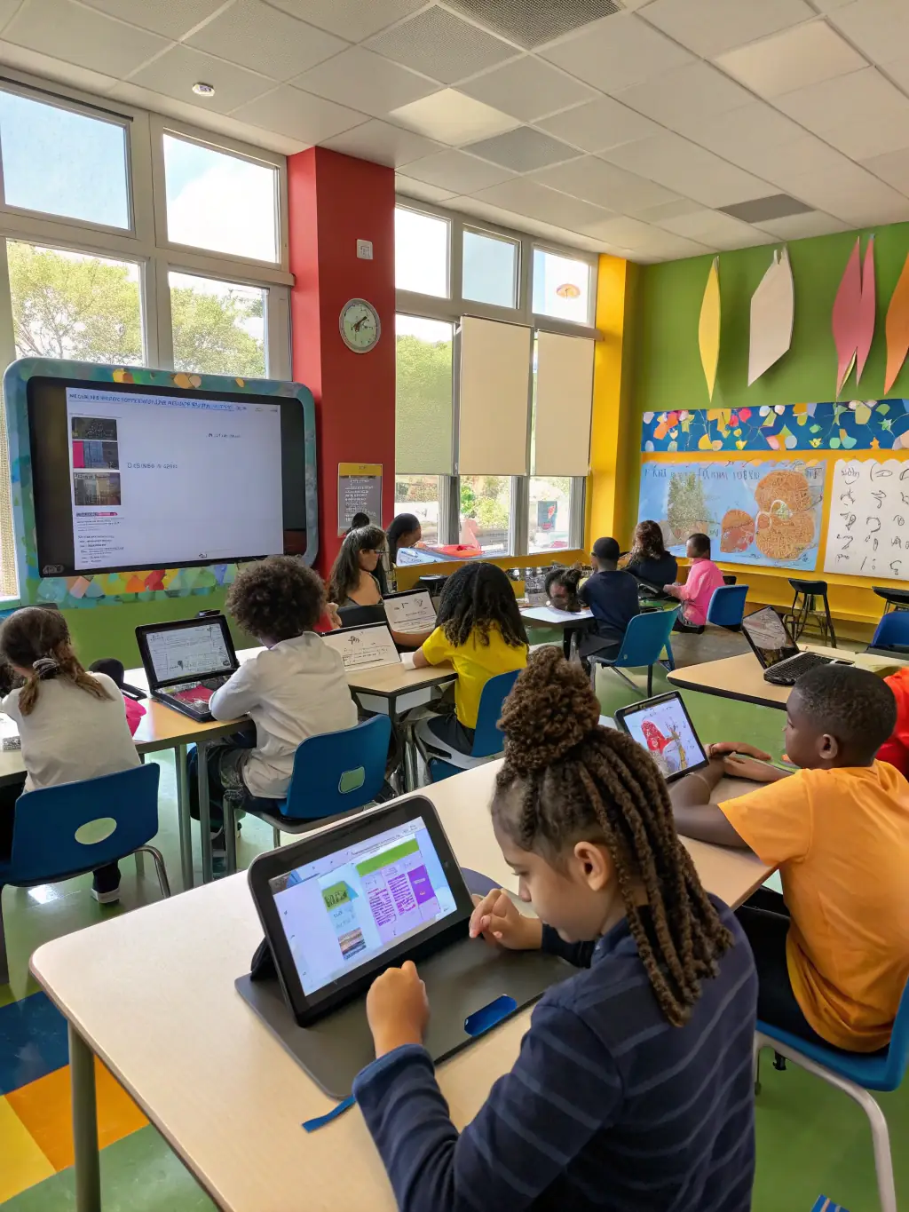 A classroom setting in a developing country, showcasing students engaged in a technology-enhanced learning environment, with researchers observing and collecting data on educational outcomes.