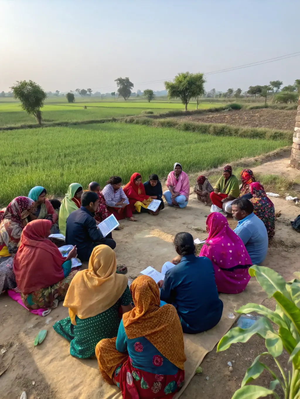 A diverse group of researchers collaborating on a project related to economic development in a rural African village, focusing on sustainable agriculture and microfinance initiatives.