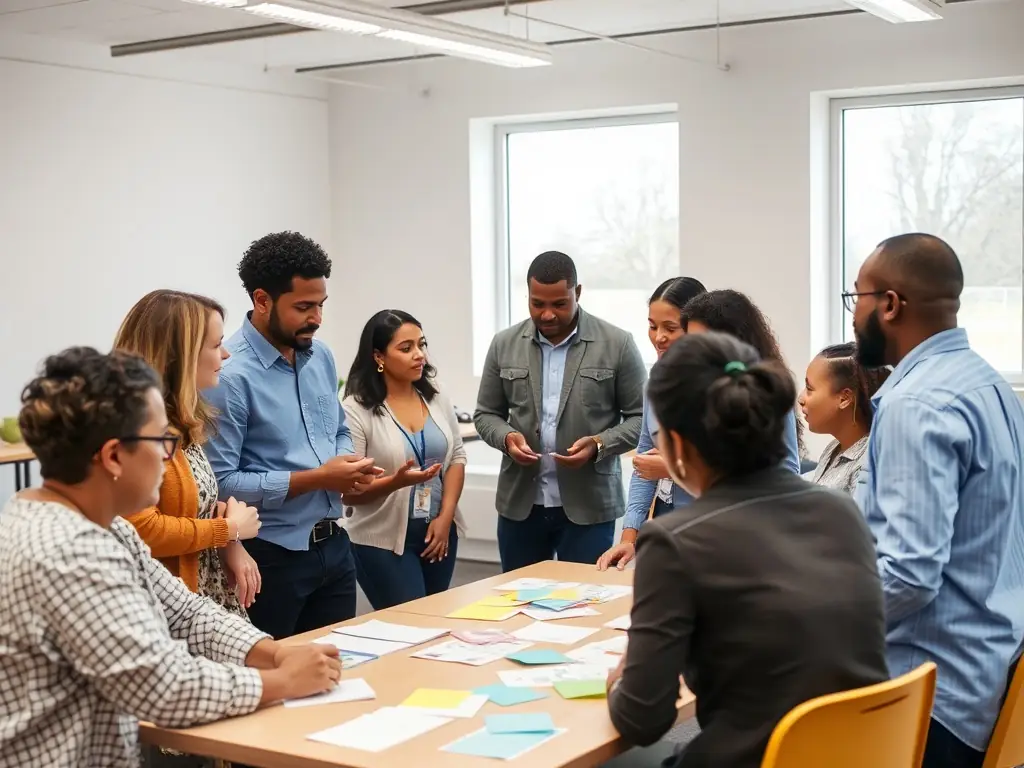 A diverse group of individuals from different organizations are engaged in a collaborative workshop, facilitated by GRANDEE. The setting is a community center in a developing country, highlighting GRANDEE's commitment to local partnerships.